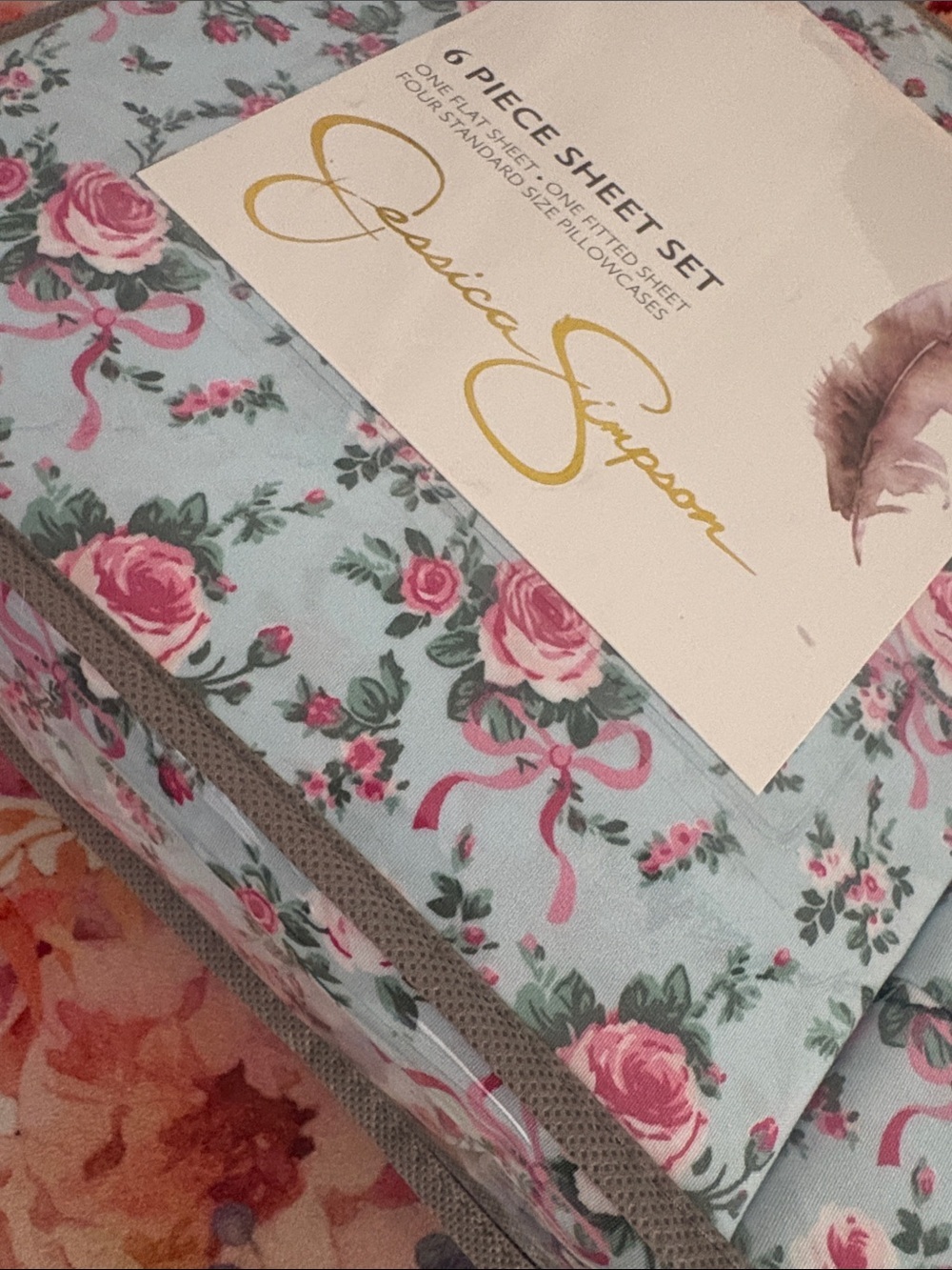 Jessica Simpson Rose Ribbon Print Sheet Set - Light Blue & Pink - Picture 4 of 4